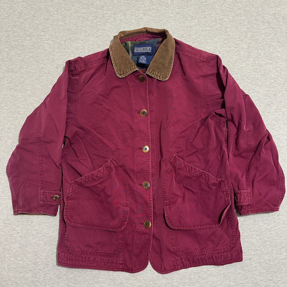 Lands End Burgundy Canvas Barn Jacket Corduroy Collar Plaid Burgundy Womens L